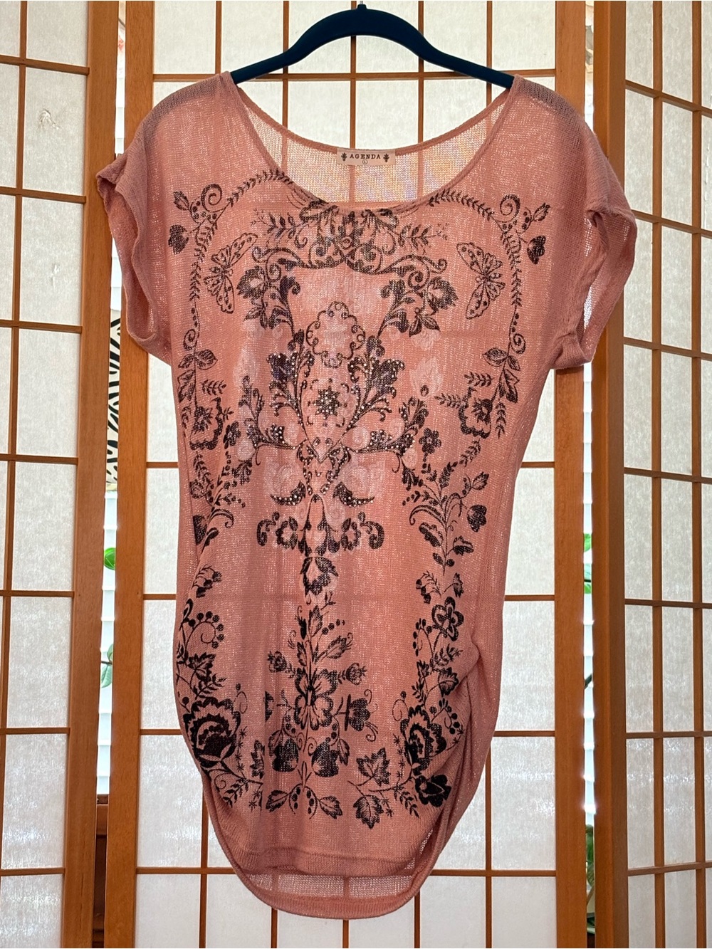 Agenda Pink Sheer Embellished Short Sleeve Blouse Large